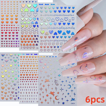 8Pcs Red Heart Nail Stickers 3D Bronzing Silver Gold Heart Shape Star & Moon Metal Totem Nail Slider Self-Adhesive DIY Nail Art*
