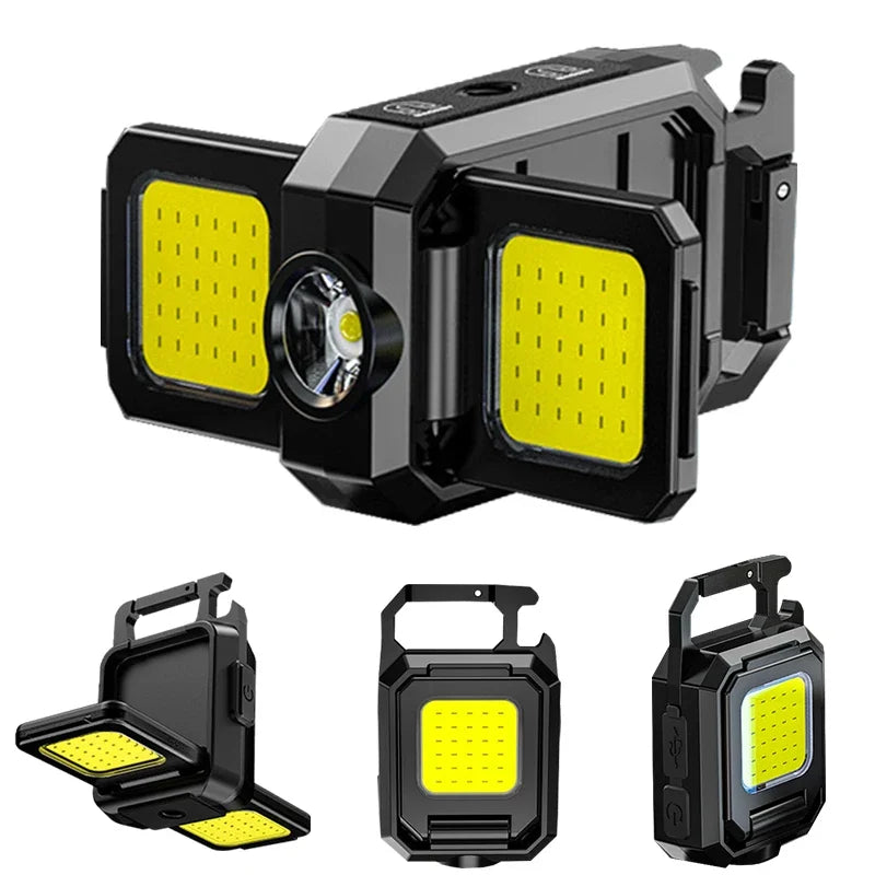 XPE Work Light COB High Power LED Flashlight Keychain Outdoor Foldable Side 2 COBs Camping Lamp USB Rechargeable IPX4 Waterproof