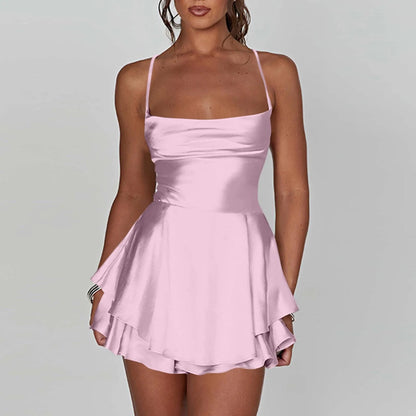 Ladies' Silk And Satin Elegant Sexy Slim Beautiful Backless Short Dress Cowl Neck Cross Spaghetti Strap Party Pleated Mini Skirt