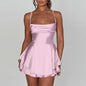 Ladies' Silk And Satin Elegant Sexy Slim Beautiful Backless Short Dress Cowl Neck Cross Spaghetti Strap Party Pleated Mini Skirt
