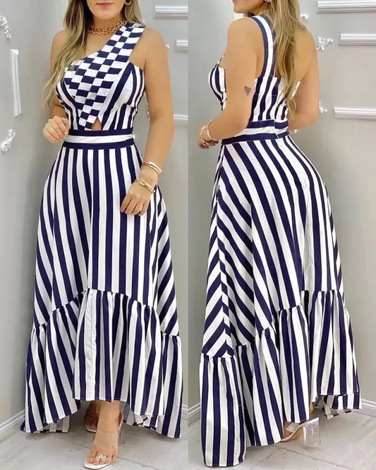 Vestido feminino de fibra sintética com listras verticais, decote assimétrico e saia com babado.
