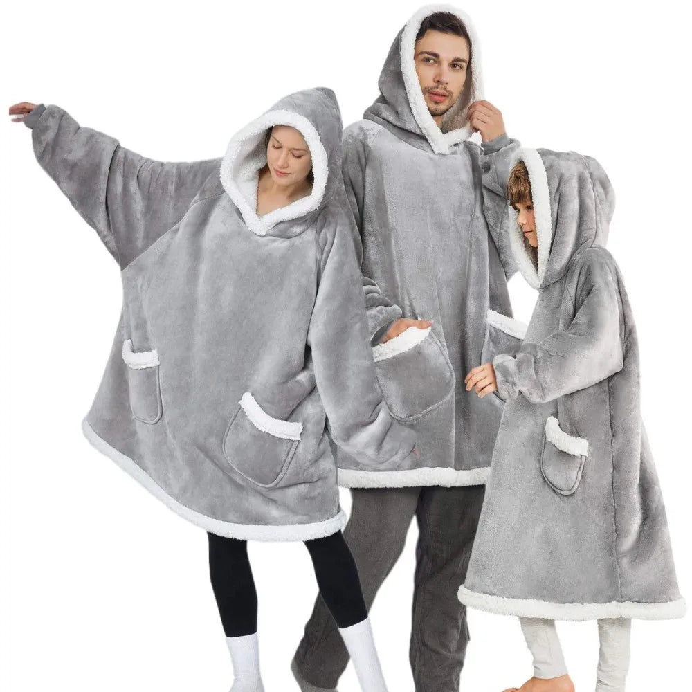 Winter Warm TV Blanket with Sleeves Big Pocket Fleece Family Sherpa Hoodies Oversized Flannel Soft Hooded Robe Blankets