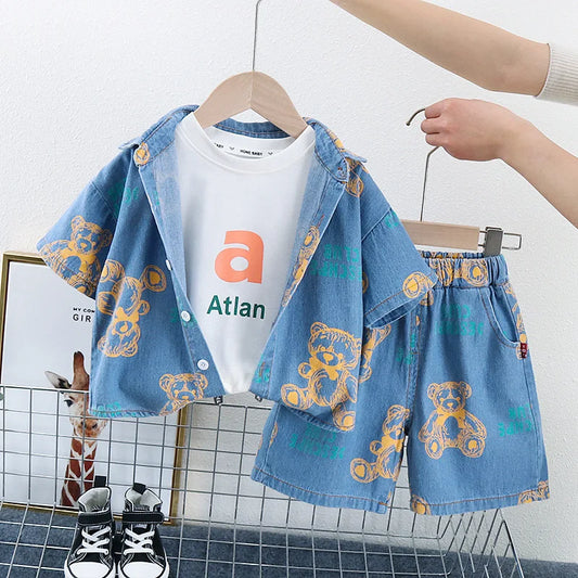 New Summer Boys Denim Clothing Sets Children Fashion Cartoon Bear Coats Shorts 2pcs Tracksuits  Infant Baby Casual Outfits Suits