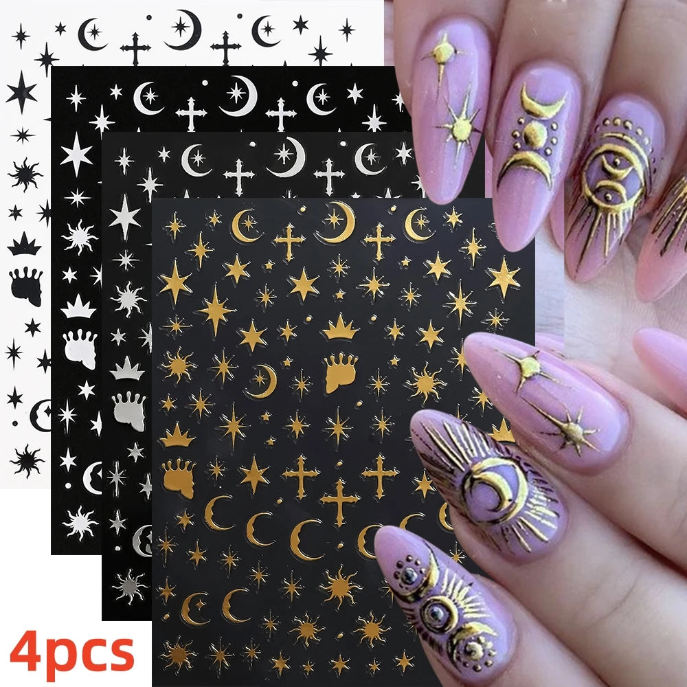 8Pcs Red Heart Nail Stickers 3D Bronzing Silver Gold Heart Shape Star & Moon Metal Totem Nail Slider Self-Adhesive DIY Nail Art*