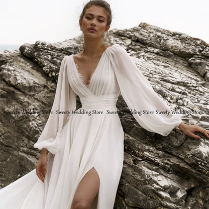 Jiayigong Beach Wedding Dress for Women Customized Long Sleeve V Neck Lace High Slit Sexy Bride Dresses Chiffon Bridal Gown