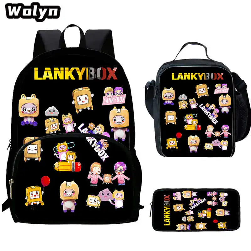 3Pcs Set LankyBox School Backpacks with Lunch Bag Pencil Case,Cartoon Large Capacity School Bags for Grade 1-4,Mochila for Pupil
