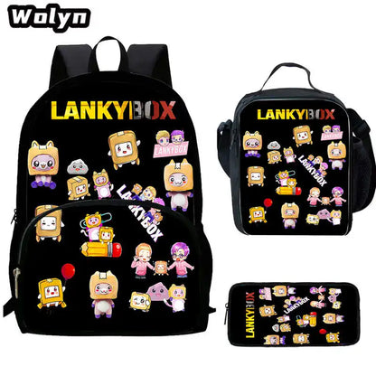 3Pcs Set LankyBox School Backpacks with Lunch Bag Pencil Case,Cartoon Large Capacity School Bags for Grade 1-4,Mochila for Pupil