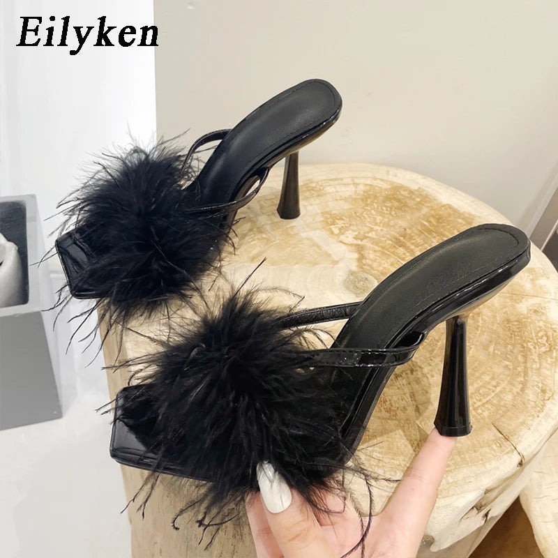 Eilyken Summer Fashion Fluffy Furry Women Slippers Female Gladiator Sandals Party Banquet Mules High Heels Slides Shoes