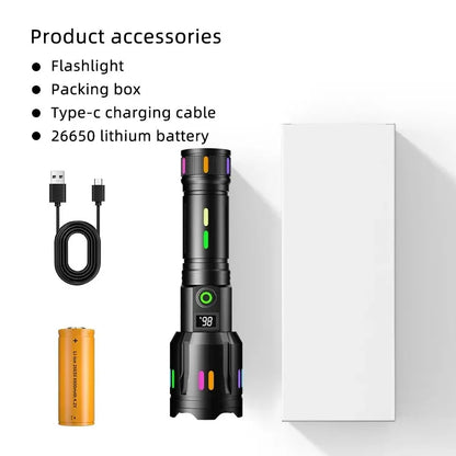 High Power Spotlight Long Range LED Flashlight Fluorescent Absorbing Film Luminous Colorful Zoom Flashlight Camping Emergency