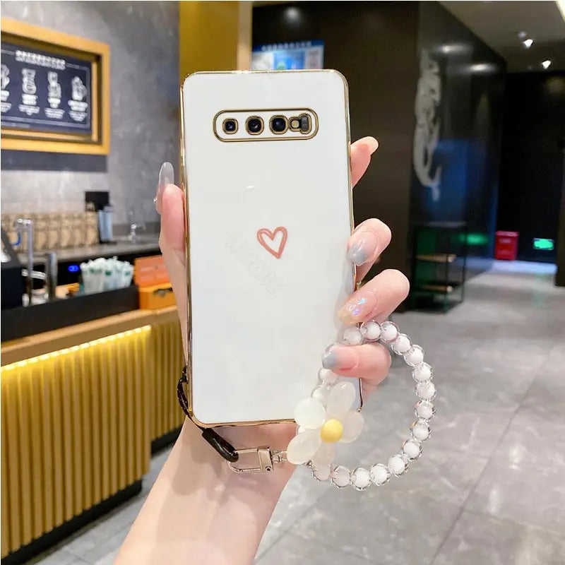 S 10 8 9 Love Heart Flower Strap Case On For Samsung Galaxy S10 S9 S8 Plus S 10plus s9 s8plus s10 s 8 s 9plus s9 Cover s10plus