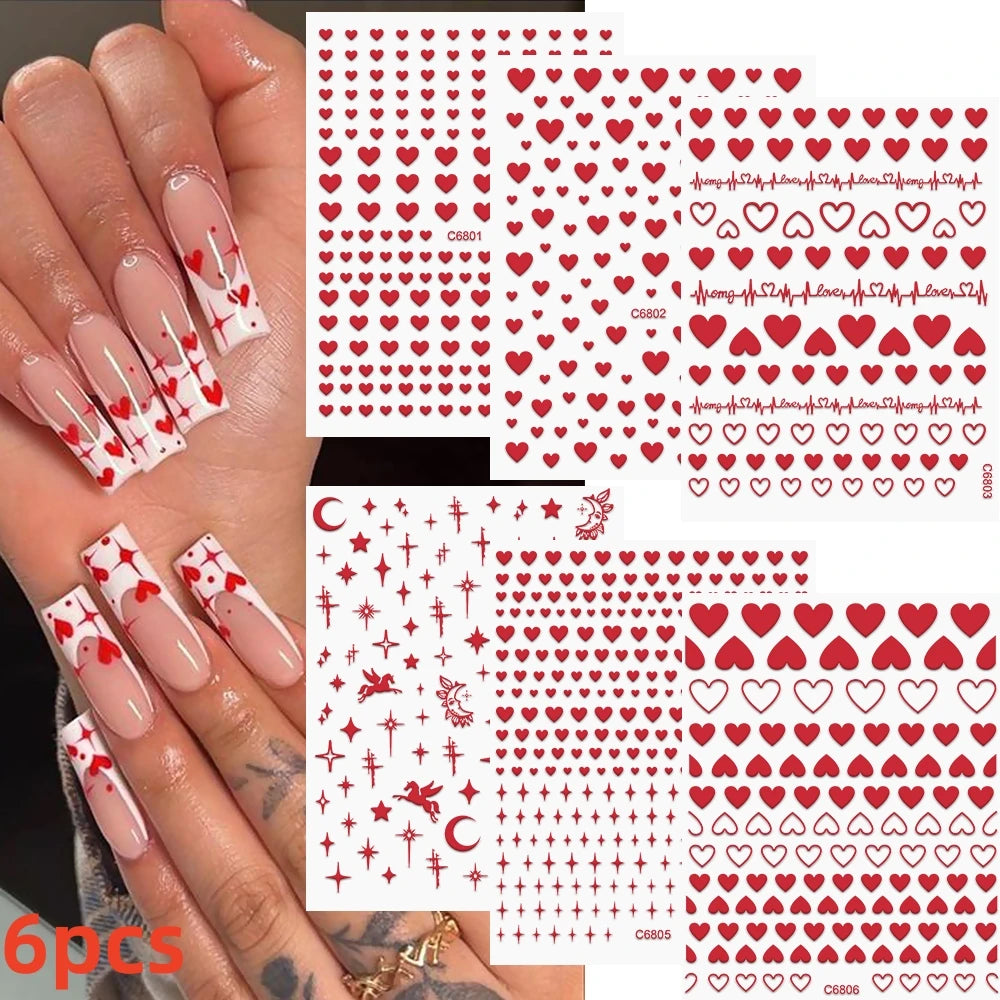 8Pcs Red Heart Nail Stickers 3D Bronzing Silver Gold Heart Shape Star & Moon Metal Totem Nail Slider Self-Adhesive DIY Nail Art*