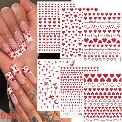 8Pcs Red Heart Nail Stickers 3D Bronzing Silver Gold Heart Shape Star & Moon Metal Totem Nail Slider Self-Adhesive DIY Nail Art*
