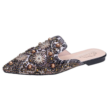 Summer 2023 New Elegant Women Rivets Slides Mules Breathable Flat Slippers Closed Toe Slides Party Shoes
