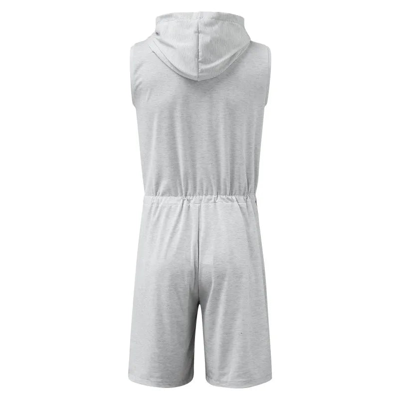 Men's Casual Sleeveless Jumpsuit Breathable Bodysuit Zipper Hooded Rompers Shorts Skinny Home Wear Tracksuit Pajamas 2025 New