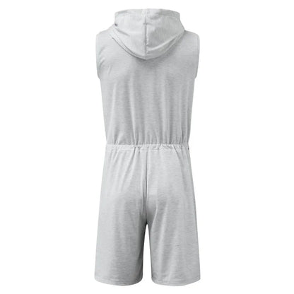 Men's Casual Sleeveless Jumpsuit Breathable Bodysuit Zipper Hooded Rompers Shorts Skinny Home Wear Tracksuit Pajamas 2025 New