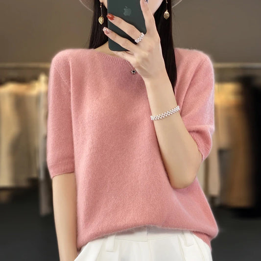 Fashion short sleeve 100% merino wool sweater basic O-neck cashmere women's knitted top pullover sweater top