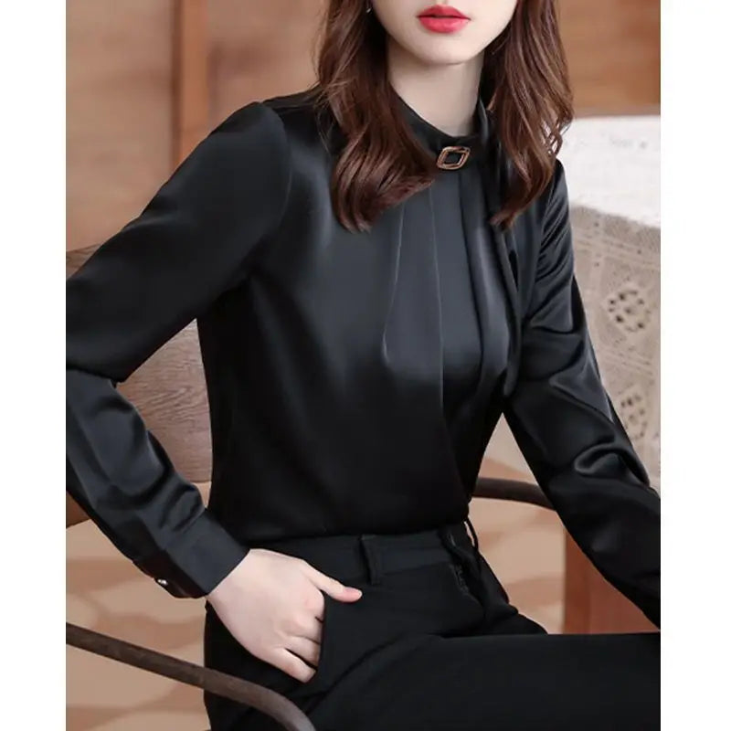 Autumn Fashion Solid Color Office Pleated Blouse Women New High-quality Long Sleeve O-collar All-match Chiffon Lady Shirt 2022