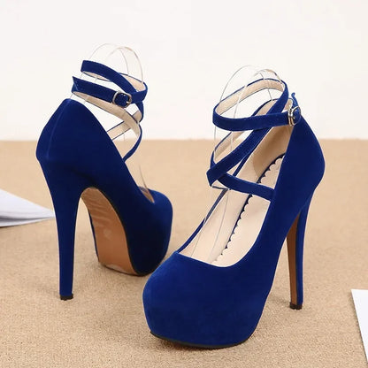 Pumps High Heel Women New Style Flock Fashion Cross Straps 14cm Heel High 4cm Platform Model Nightclub Sexy Plus Size 35-46