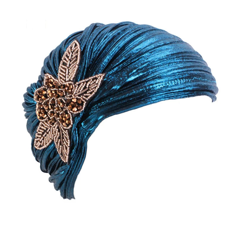 New Women Gold Silver Turban Hats Chemo Bandana Hijab Pleated Indian Cap Turbante Hat Ladies Hair Loss Headscarf Muslim Headwear