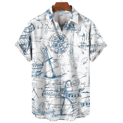 Vintage Men'S Shirt 3d Sailing Boat Print Men Clothing Summer Casual Short Sleeve High Quality Top Tee Hawaiian Beach Sweatshirt