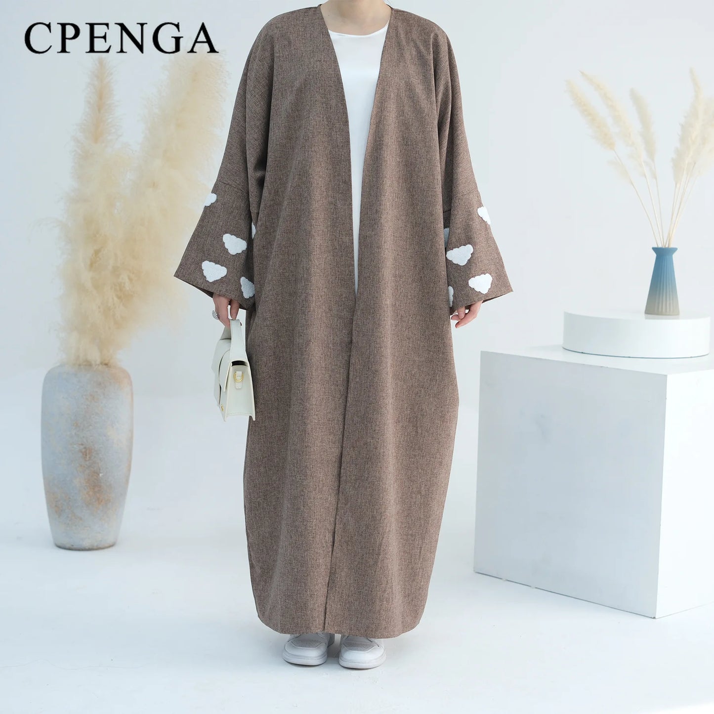 Saudi Clouds Open Abaya Elegant Eid Muslim Modest Coat for Women Islam Turkey Embroidery Dress Cotton Linen Long Sleeve Clothing