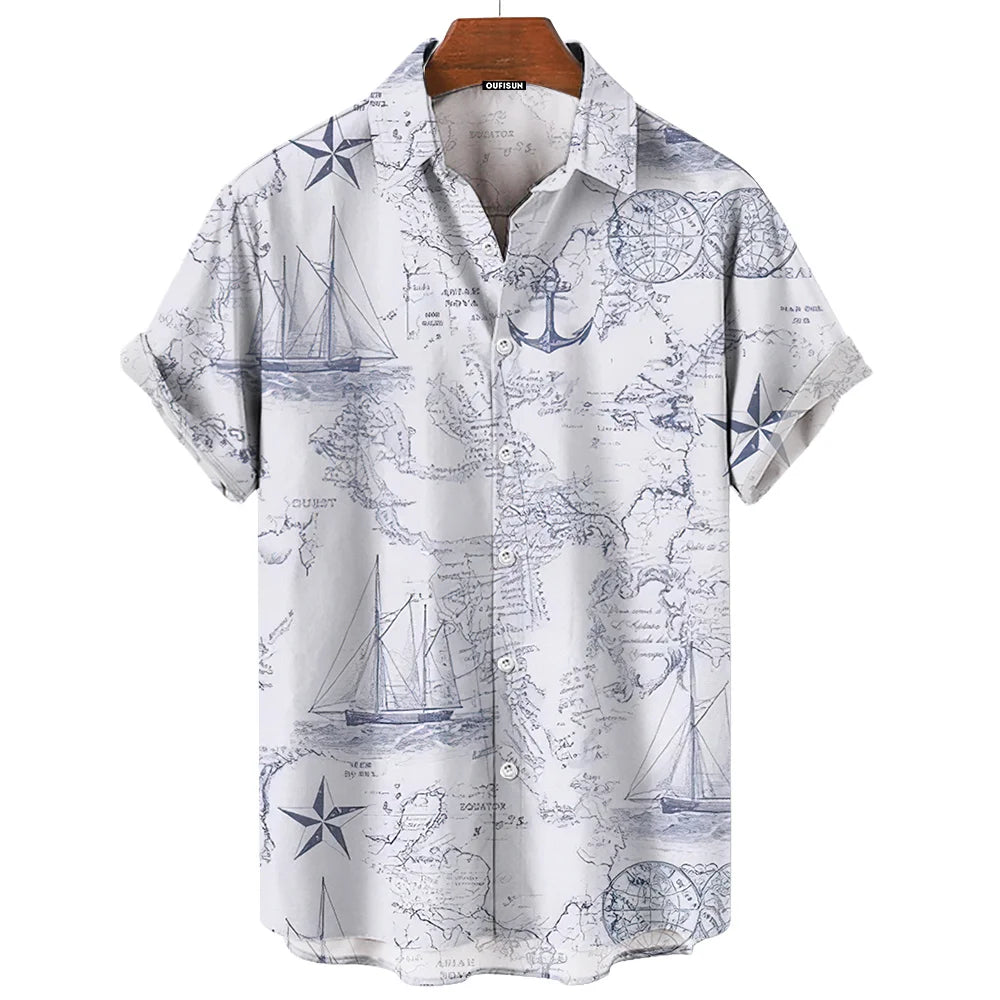 Vintage Men'S Shirt 3d Sailing Boat Print Men Clothing Summer Casual Short Sleeve High Quality Top Tee Hawaiian Beach Sweatshirt