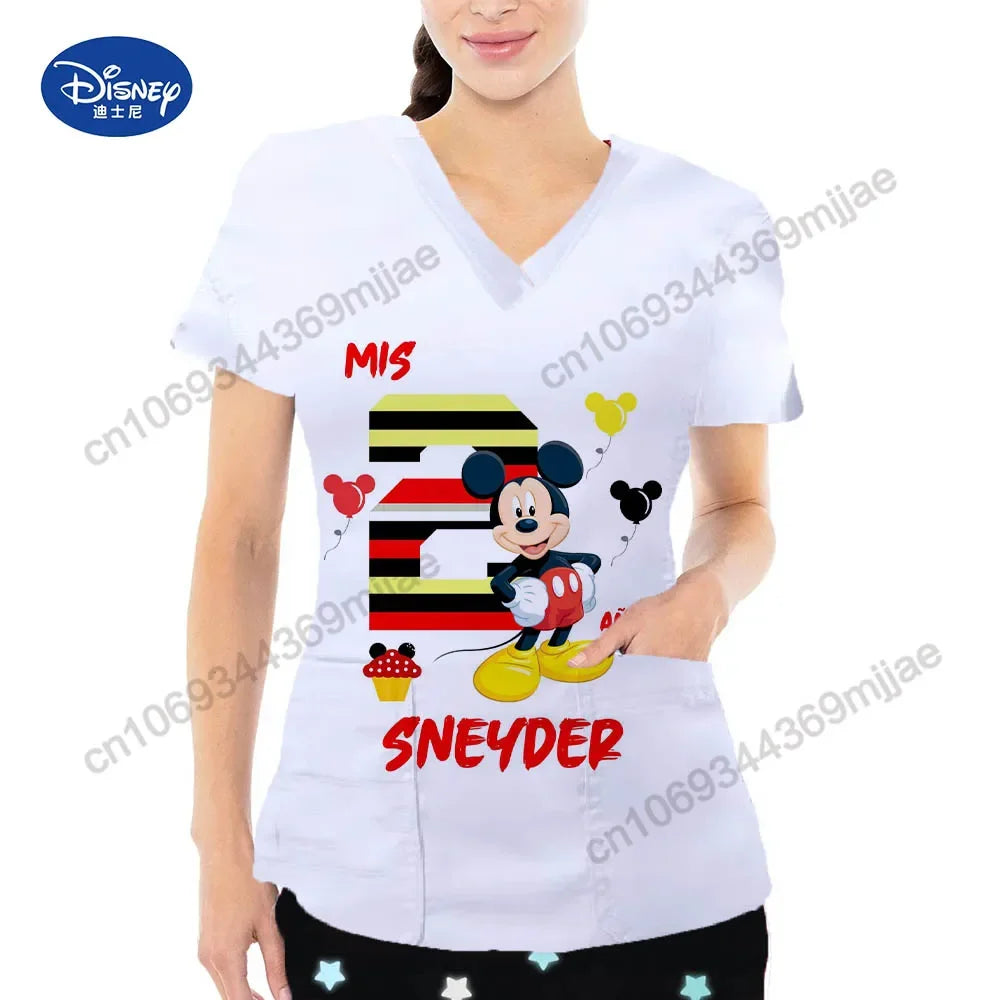2024 Summer New Disney Cartoon Pattern Top Fashion V-neck Double Pocket Design Style T-shirt Casual Comfortable Women's Wear