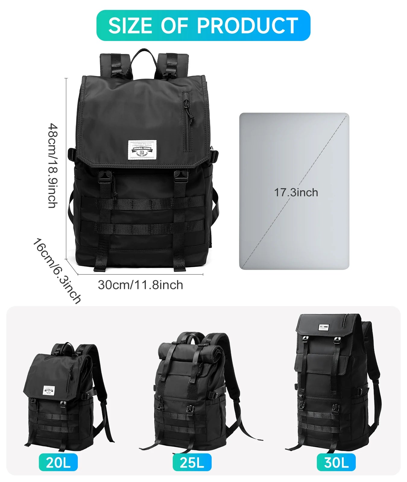 MOYYI 3 in 1Expandable Laptop Backpack Men Women Large Roll Top Travel Ruckpack Waterproof Outdoor Sport Flip Hiking Knapsack