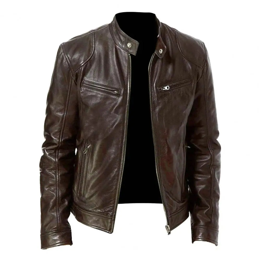 Fashion Mens Leather Jacket Slim Fit Stand Collar PU Jacket Male Anti-wind Motorcycle Lapel Diagonal Zipper Jackets Men 2024