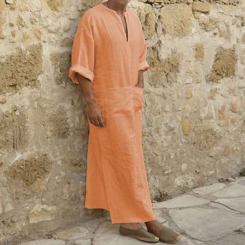2023 New Men Jubba Thobe Kaftan Muslim Arab Islamic V-neck Short Sleeve Solid Cotton Linen Robes Muslim Fashion Arabia Man abaya