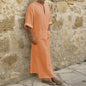 2023 New Men Jubba Thobe Kaftan Muslim Arab Islamic V-neck Short Sleeve Solid Cotton Linen Robes Muslim Fashion Arabia Man abaya