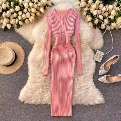YuooMuoo2024 Autumn Winter Women Ribbed Knitted Dress Elegant V-neck Buttons Bodycon Sweater Dress with Belt Lady Office Vestido