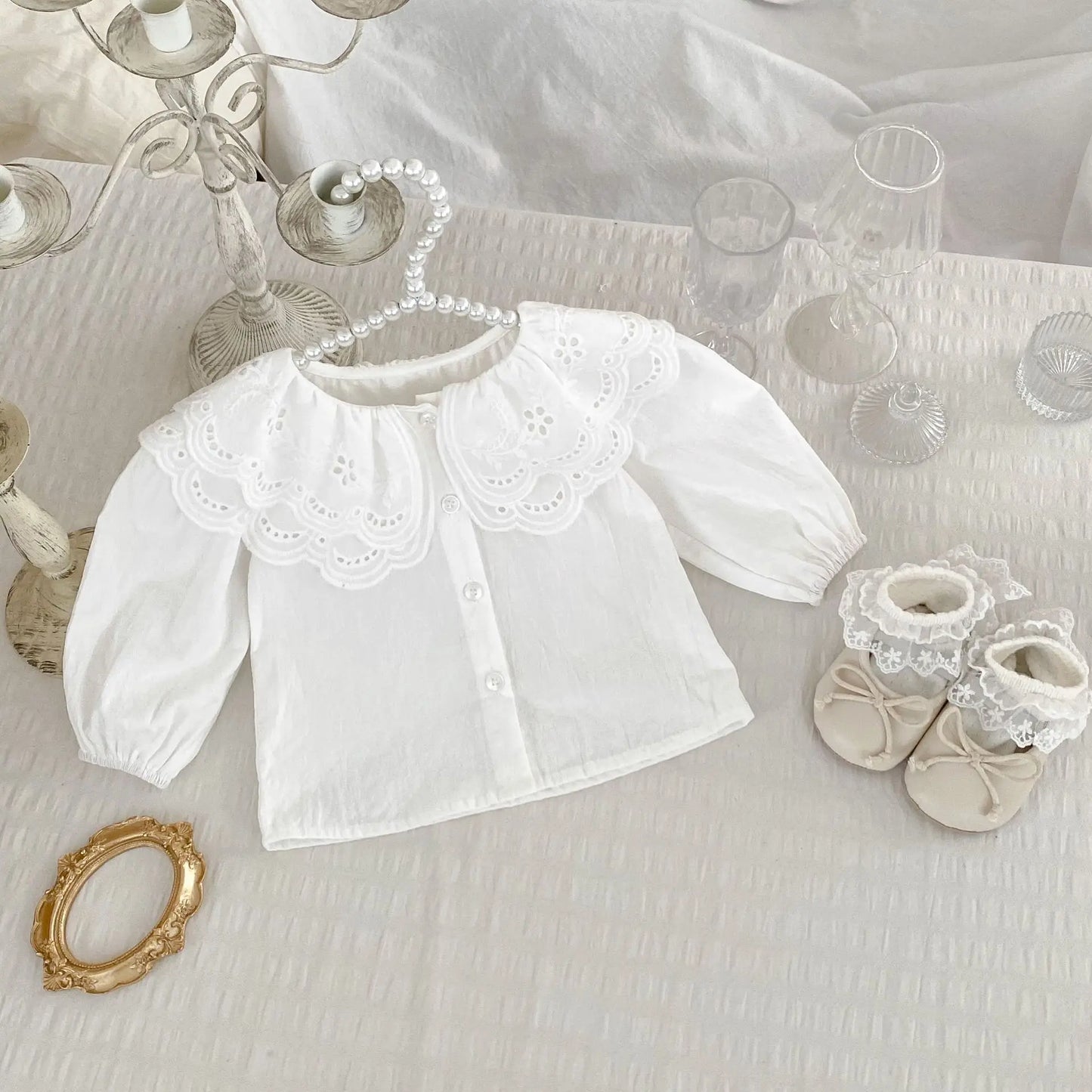 MILANCEL New 2024 Autumn Baby Girls Shirt 0-3Y Sweet Double Layer Lace Turn Down Collar Blouse Toddler Long Sleeve Base Top