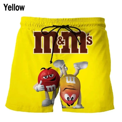 Funny M&M's Chocolate Bean Beach Shorts Men 3D Printing M&M Board Swimsuit Summer Quick Drying Sport
