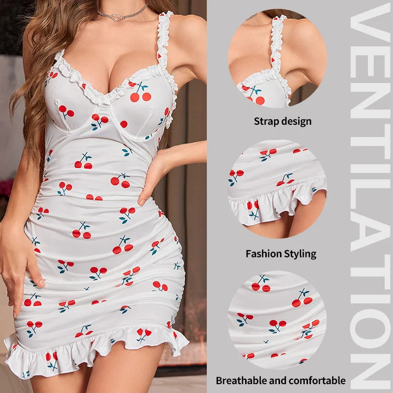 Women's Printed Deep V-Mini One-Piece Suspender Nightgown Women's Sexy Printed Pleated Hip Hugging Sexy Tight Dress Pajamas