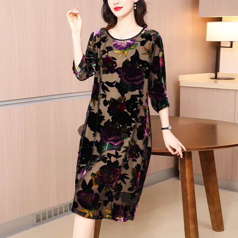2024 Summer New Floral Print Chiffon Casual Midi Dress Women Elegant Loose Chic Pretty Dress Red Vintage Festival Party Dresses