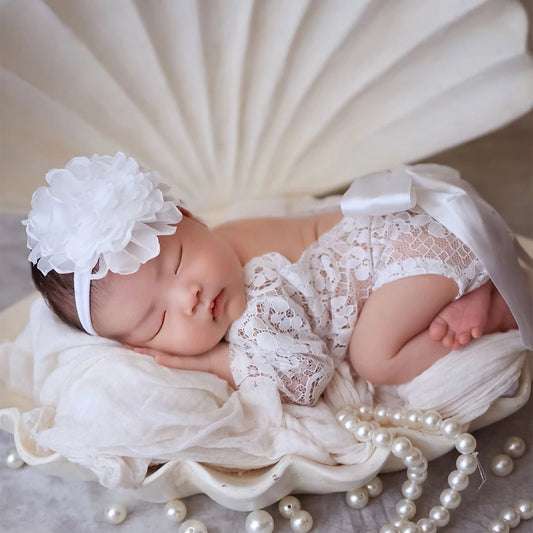 Ylsteed Newborn Photoshoot Outfit Big Bowknot White Long Sleeve Lace Romper with Headband Photo Props for Infants Portrait prop