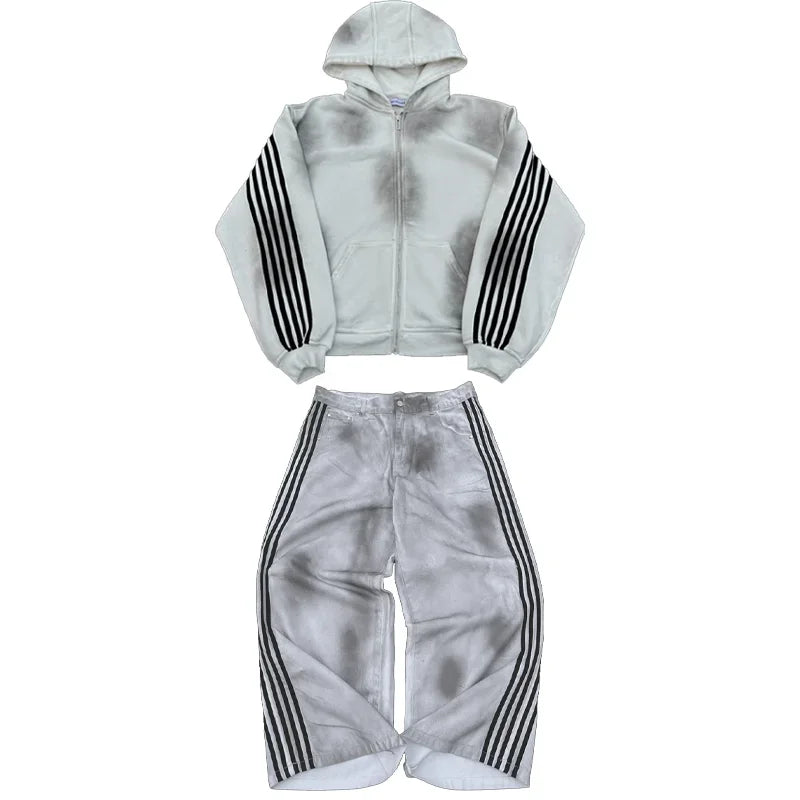 Y2K Cotton Sweatshirt clothes Two Piece streetwear high quality Striped Embroidery Baggy Jeans Net Red Fashion Tide Hoodie Set