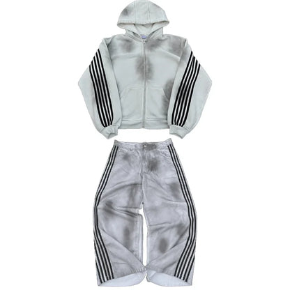 Y2K Cotton Sweatshirt clothes Two Piece streetwear high quality Striped Embroidery Baggy Jeans Net Red Fashion Tide Hoodie Set