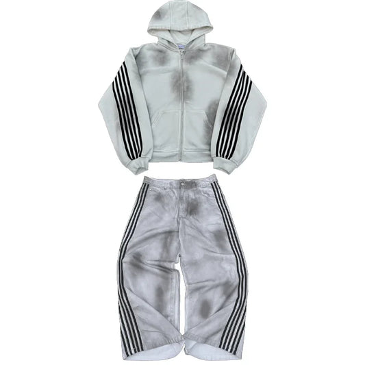 Y2K Cotton Sweatshirt clothes Two Piece streetwear high quality Striped Embroidery Baggy Jeans Net Red Fashion Tide Hoodie Set