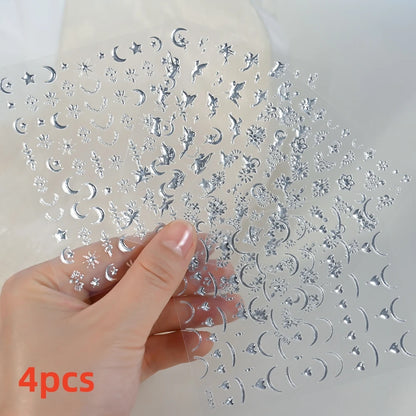 8Pcs Red Heart Nail Stickers 3D Bronzing Silver Gold Heart Shape Star & Moon Metal Totem Nail Slider Self-Adhesive DIY Nail Art*