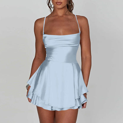 Ladies' Silk And Satin Elegant Sexy Slim Beautiful Backless Short Dress Cowl Neck Cross Spaghetti Strap Party Pleated Mini Skirt