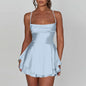 Ladies' Silk And Satin Elegant Sexy Slim Beautiful Backless Short Dress Cowl Neck Cross Spaghetti Strap Party Pleated Mini Skirt