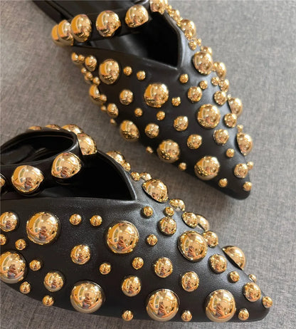 Pointed Toe Slippers for Women Rivets Studded Summer Gladiator Sandals Flat Beach Shoes Ladies Outside Slides Punk Style Mules