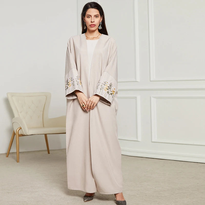 New Arrival Front Open Abaya Women Kimono Muslim Women's Dresses Flowers Embroidery Eid Linen Abaya Arab Dubai Islamic Clothing