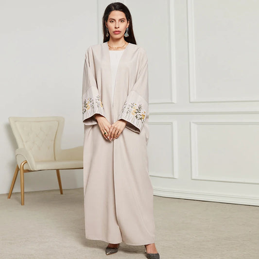 New Arrival Front Open Abaya Women Kimono Muslim Women's Dresses Flowers Embroidery Eid Linen Abaya Arab Dubai Islamic Clothing