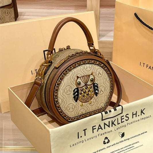 Brand Bag Women's 2024 New Designer High Quality Handheld Shoulder Bag Contrast Color Diagonal Cross Leather Small Round Bag