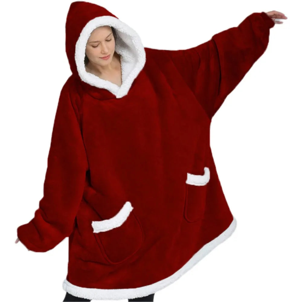 Winter Warm TV Blanket with Sleeves Big Pocket Fleece Family Sherpa Hoodies Oversized Flannel Soft Hooded Robe Blankets