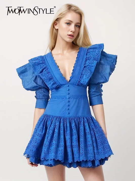 TWOTWINSTYLE Solid Sexy Patchwork Wave Edge Dress For Women V Neck Puff Sleeve High Waist Slimming Dresses Female Beach Style