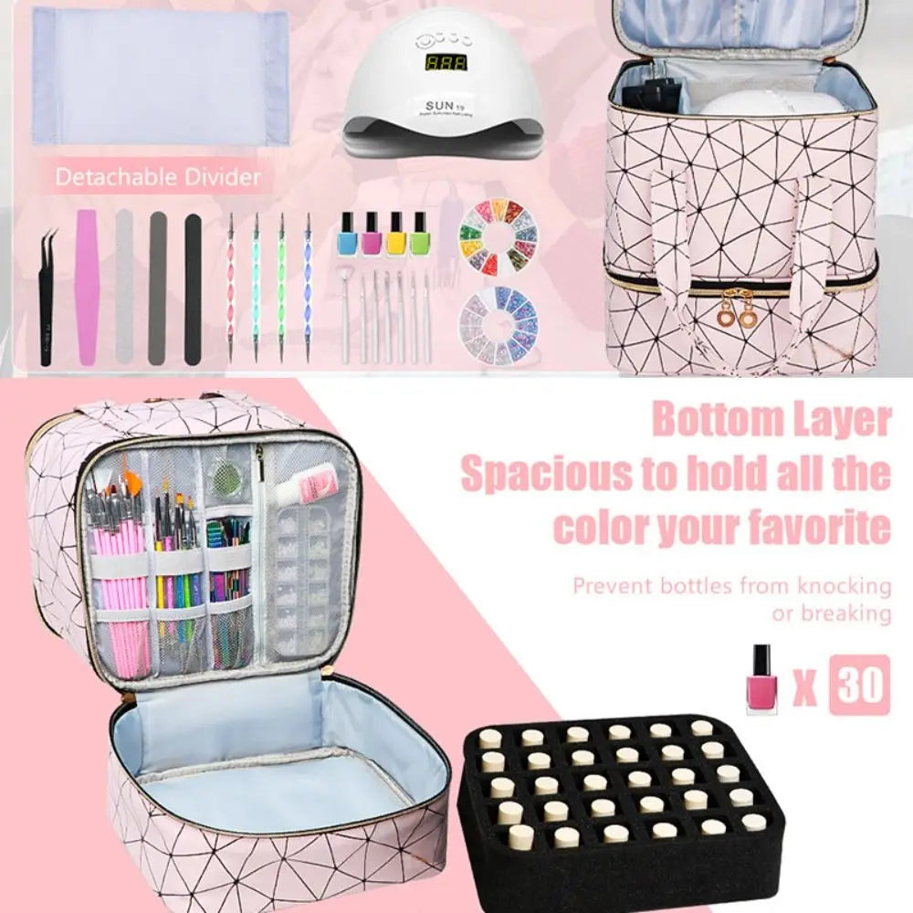 30 Grids PU Nylon Makeup Bag Double Layer Handbag Manicure Bag with Handle Professional Nail Case Travel Cosmetic Organizer Bag